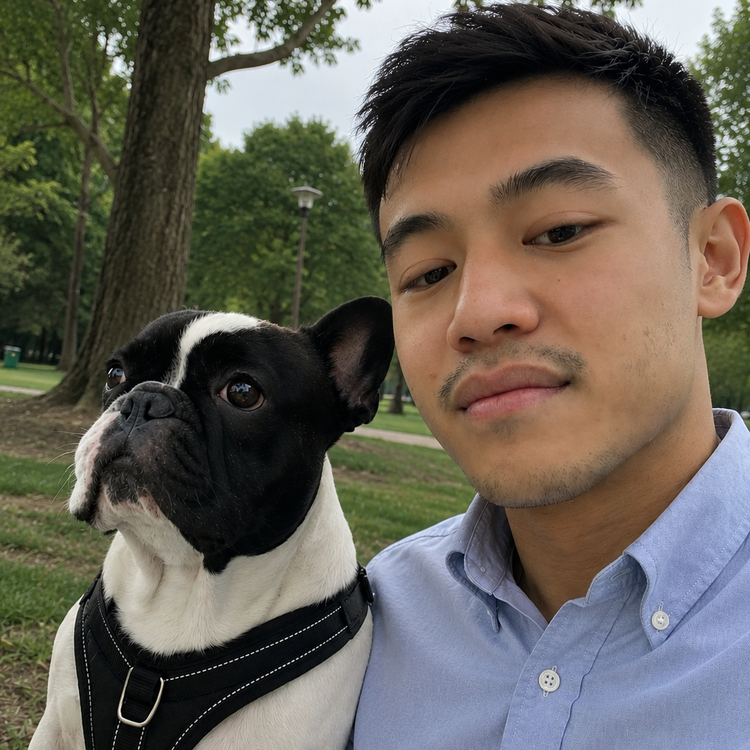 Fundador de la marca con su bulldog francés