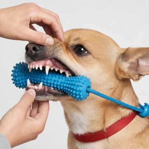 Abrebocas de goma azul para la limpieza dental del perro