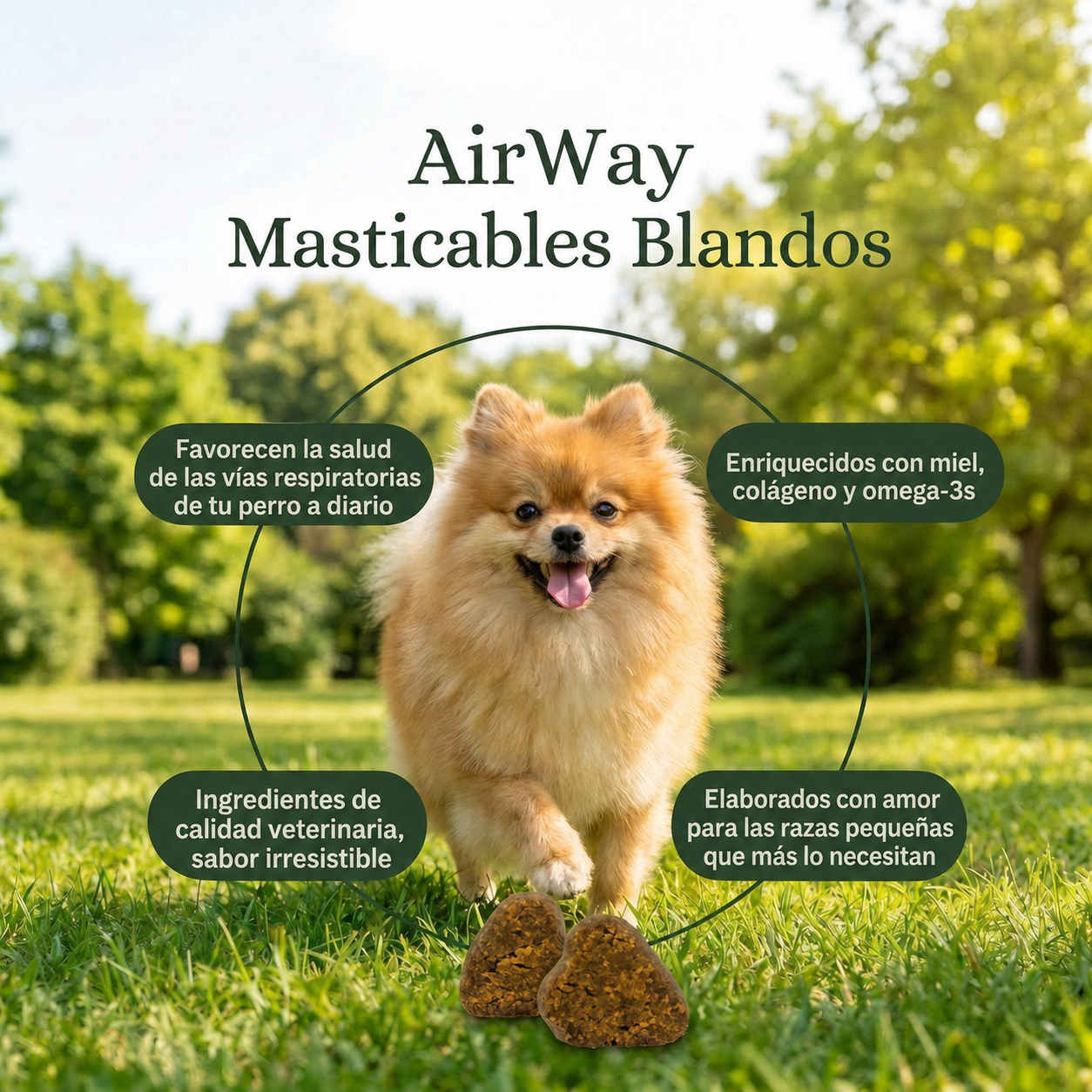 Cuatro claves de los masticables AirWay, con un pomerania en el césped