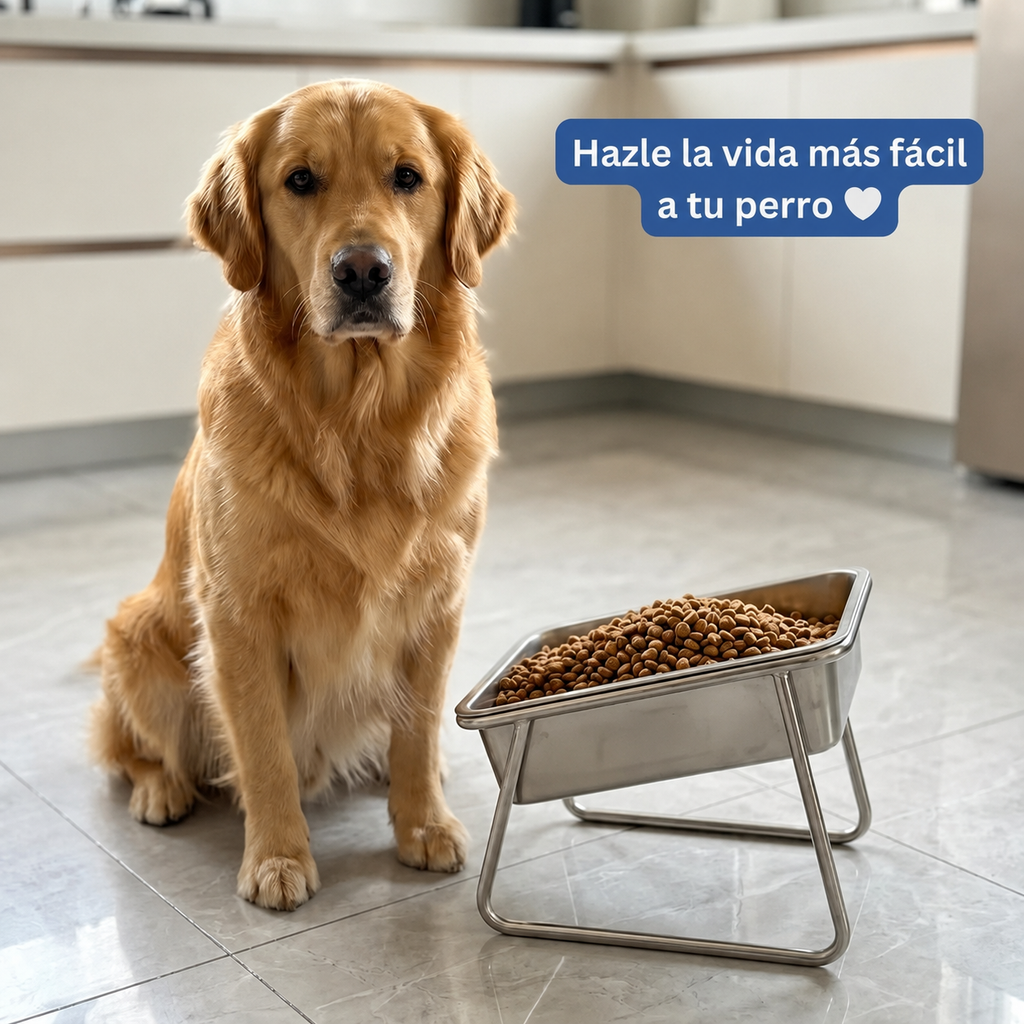 Perro grande sentado junto al comedero ortopédico — hazle la vida más fácil a tu perro