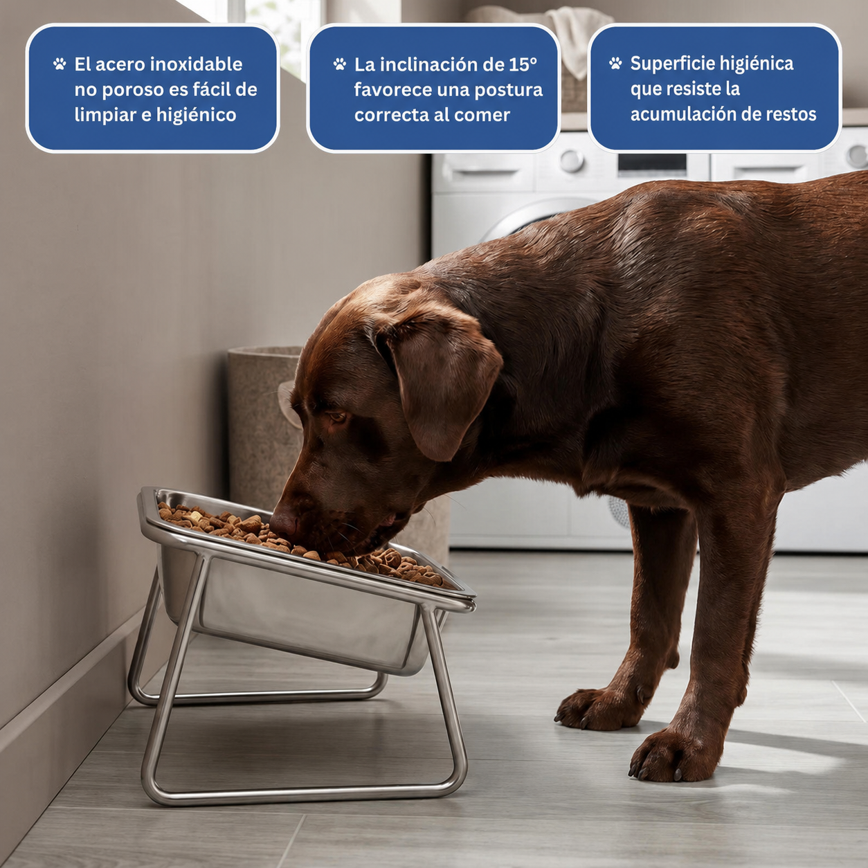 Perro grande comiendo de pie: acero no poroso, inclinación de 15°, superficie higiénica