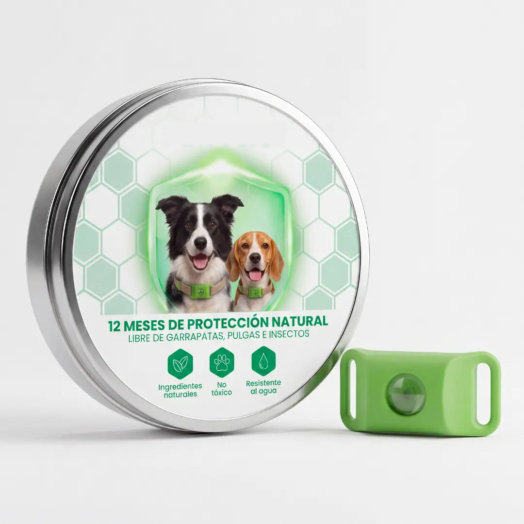 Colgante antipulgas EscudoNatural con su caja metalica de 12 meses de proteccion