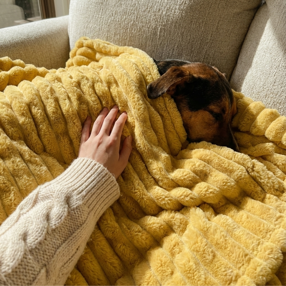 Mano acariciando la manta polar amarilla con un perro dormido debajo en el sofá