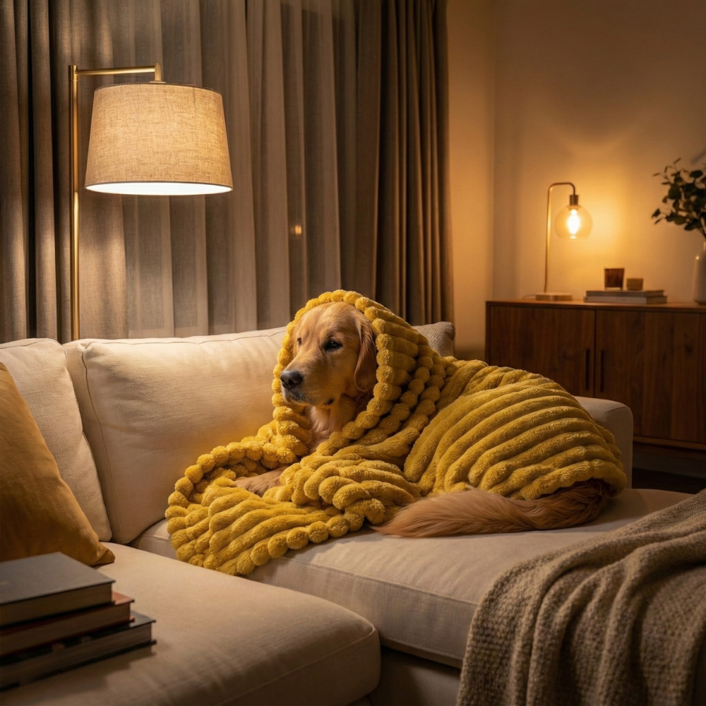 Golden retriever envuelto en la manta amarilla sobre el sofá, salón con luz cálida
