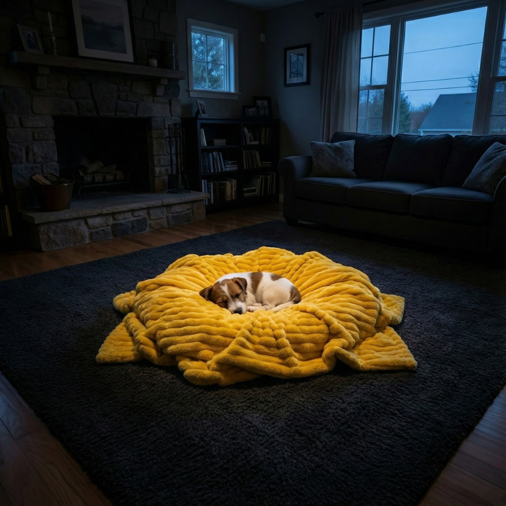 Perro dormido en un nido de manta amarilla que destaca en un salón a oscuras