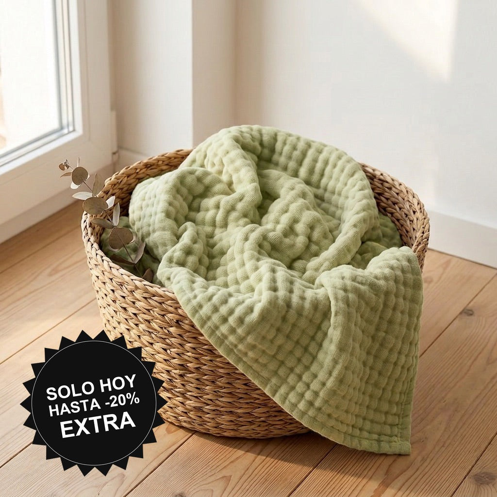Manta de muselina NubeSuave color Verde salvia — en una cesta junto a la ventana
