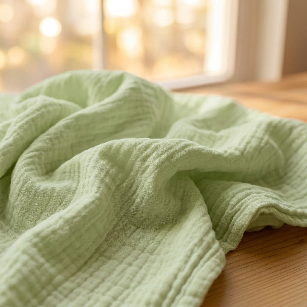 Manta de muselina NubeSuave color Verde salvia — sobre un banco de madera al borde del lago