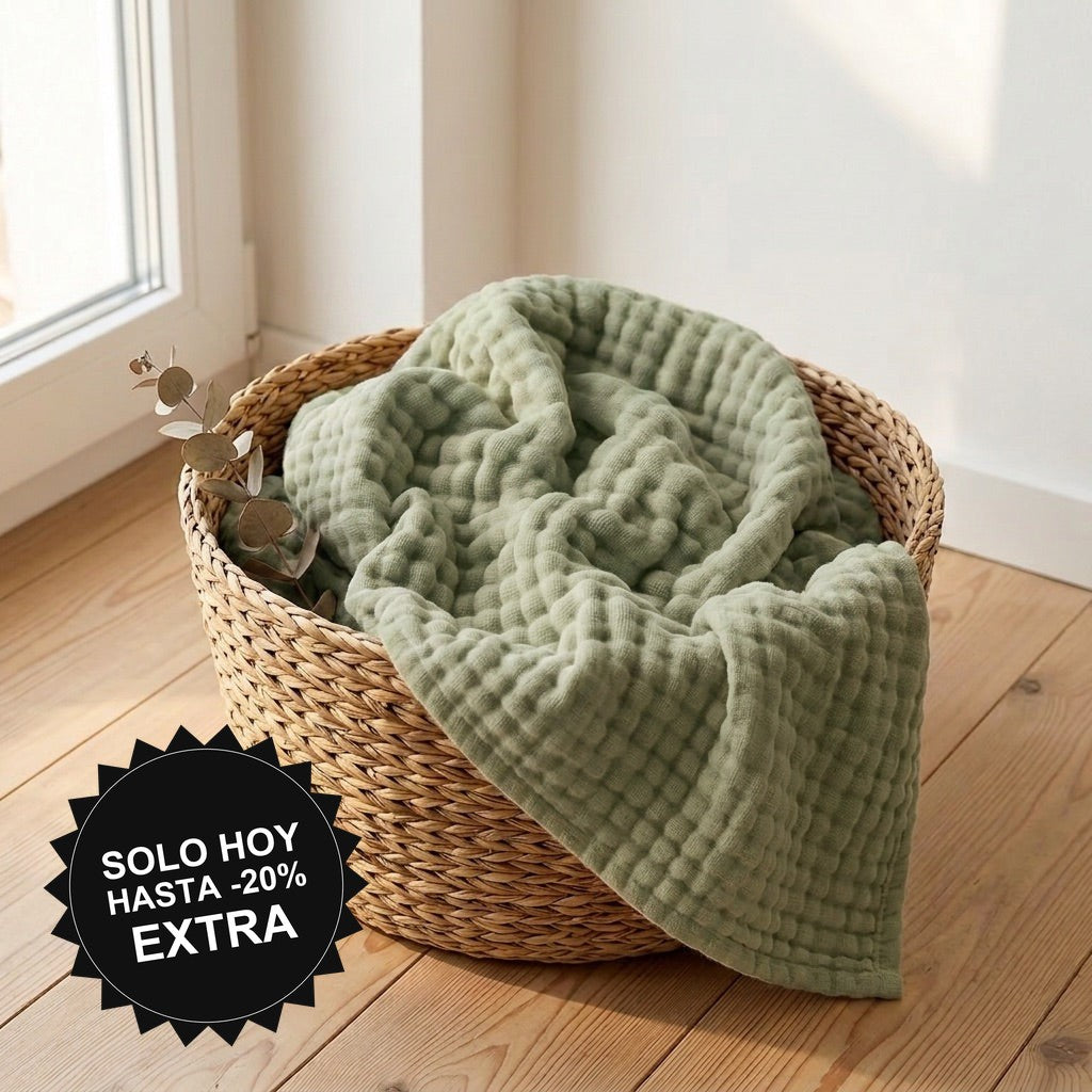 Manta de muselina NubeSuave color Verde — en una cesta junto a la ventana