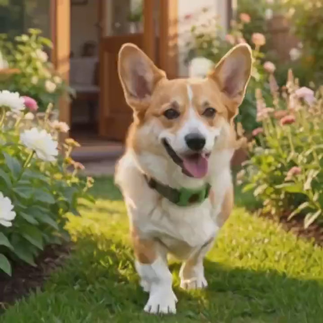 Corgi corriendo por el jardin protegido por el colgante