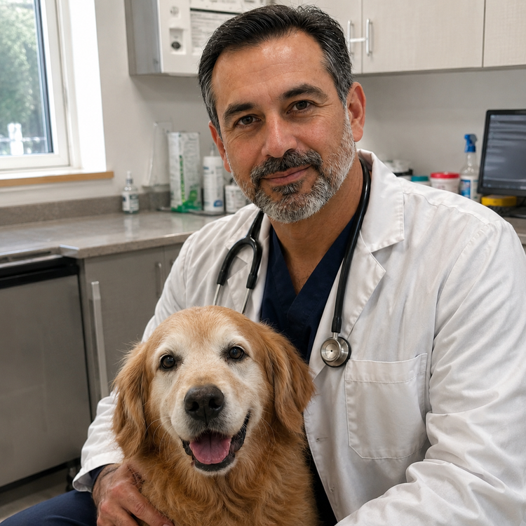 Veterinario oftalmólogo con un perro senior